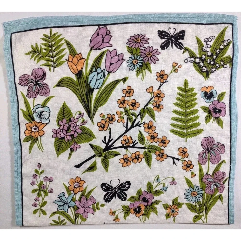 Linen towel spring flowers blue border butterfly 27.5 x 15